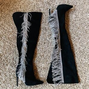 Black Suede Over-the-Knee Boots with Rhinestone Fringe - Size 8